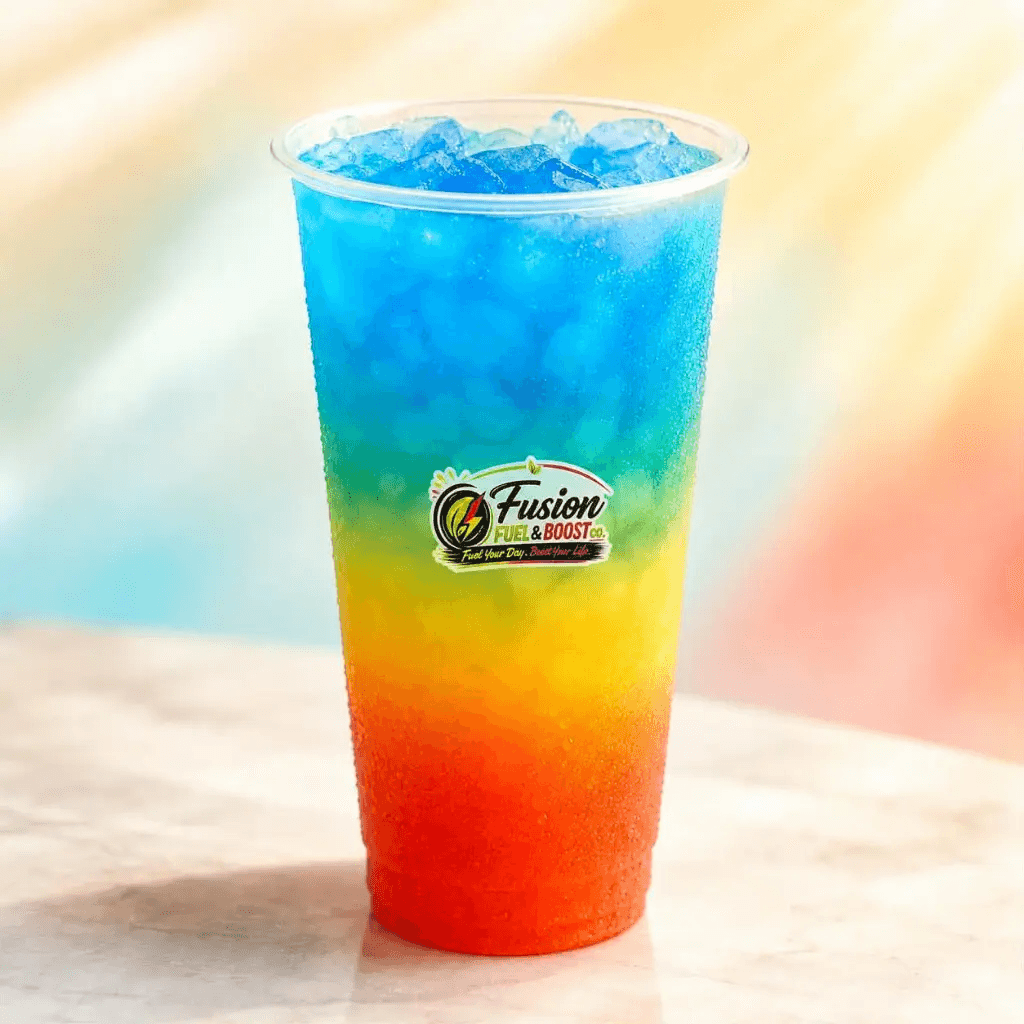Colorful layered Fusion Fuel loaded tea with ice