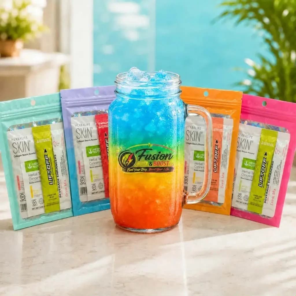 Mega Tea Kit with colorful flavor pouches and an iced loaded tea